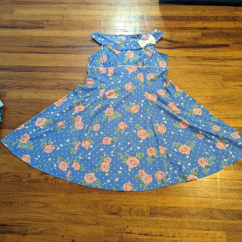 Hell Bunny Vixen Blue and White Polka Dot with Pink Roses Dress 4XL